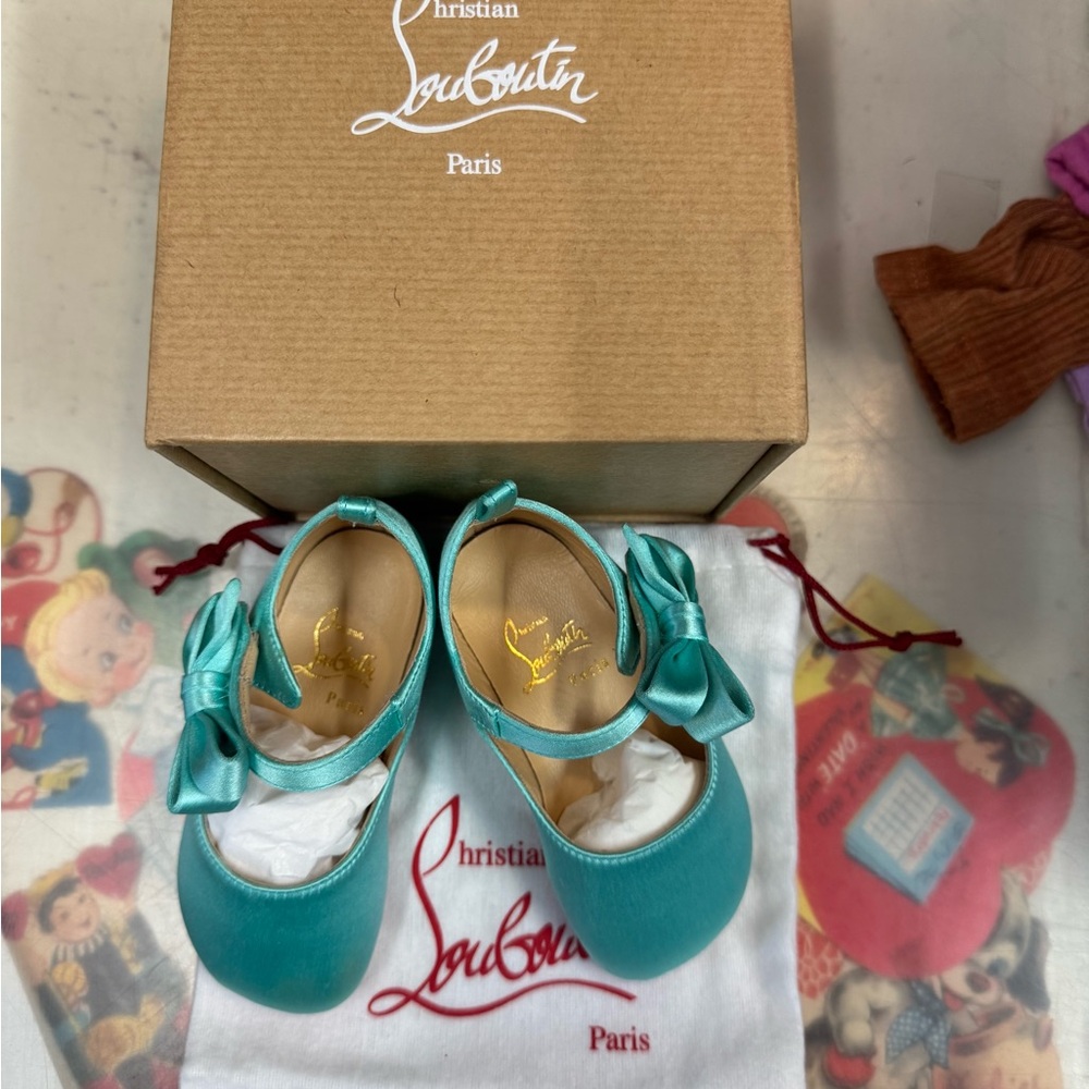 Christian Louboutin Kids Satin Mary Jane Shoes in Teal 6m